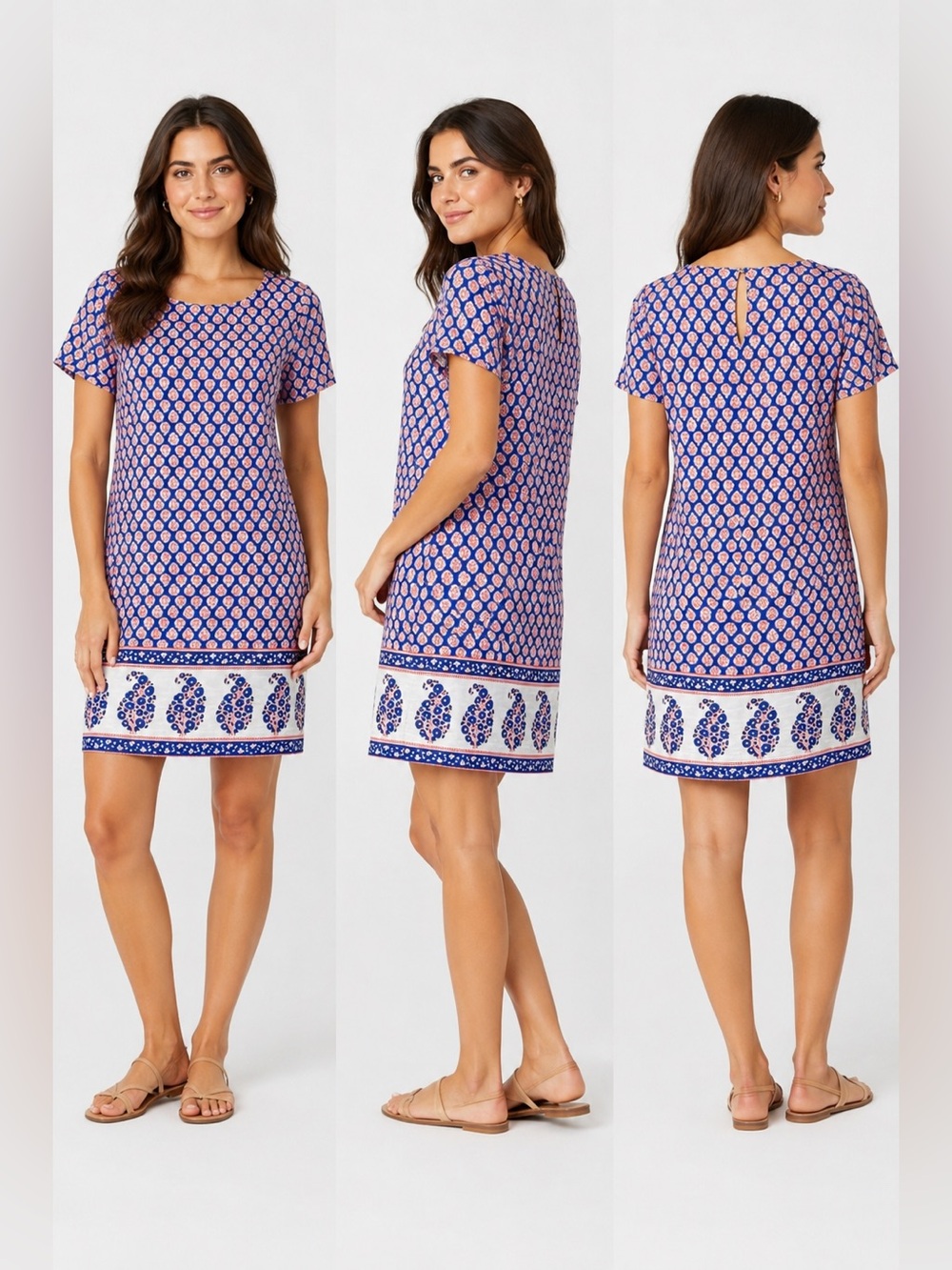 J Crew Shift Dress Womens Size 2 Blue Pink Paisley Border Print Lined Mini